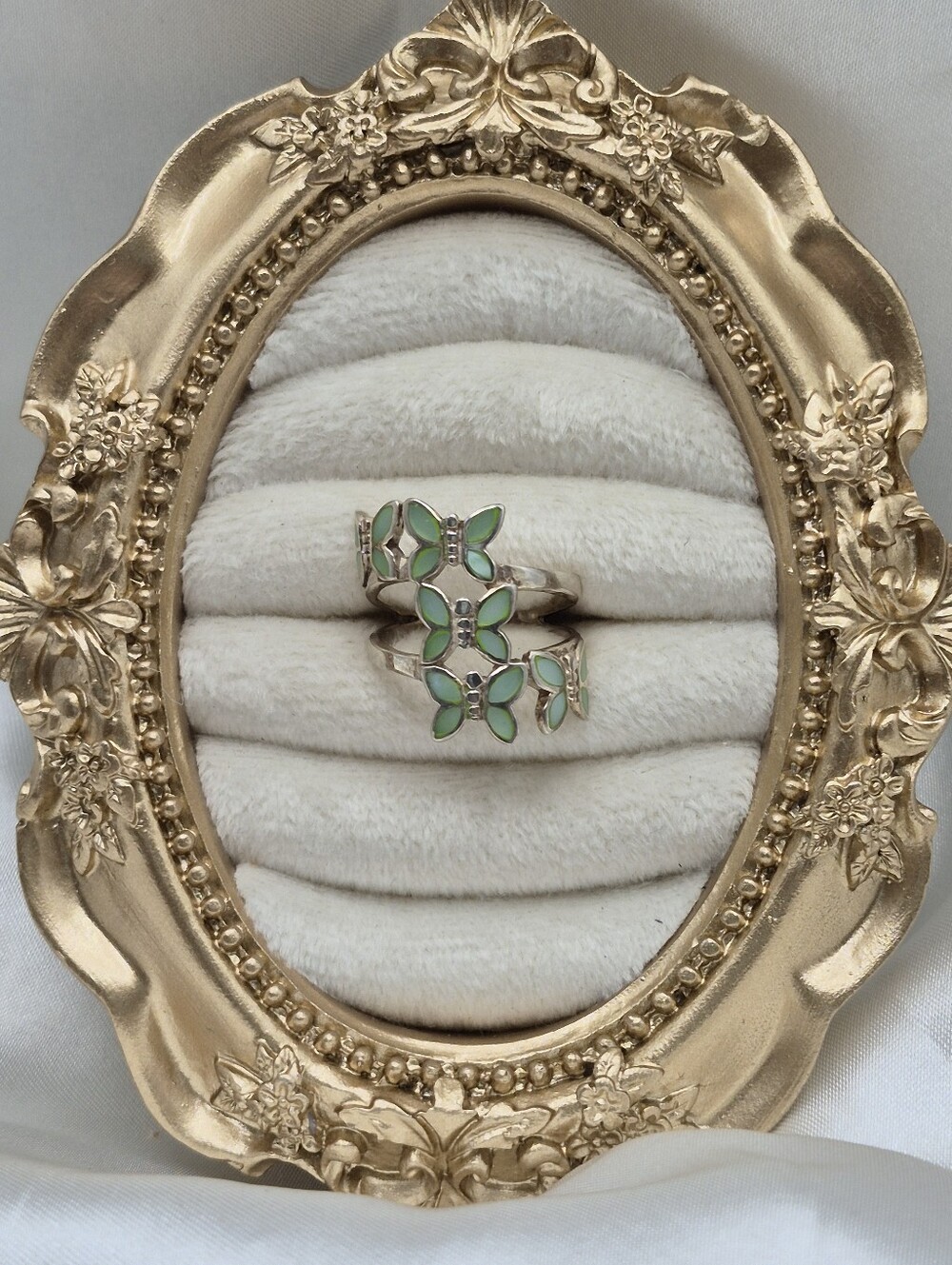 Delicate Green Enamel Butterfly Cluster Ring - Sterling Silver